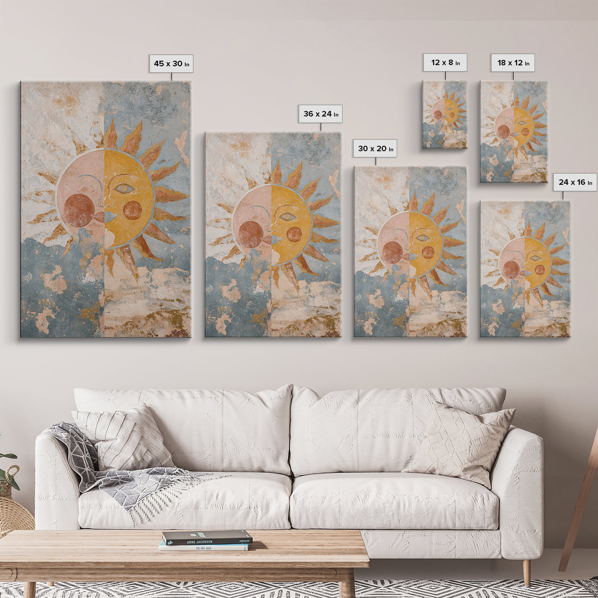 Sun and Moon Celestial Folk Motif Framed Canvas Print, Boho Art, Digital Print, Living Room Decor, Fine Art, Bohemian, BOH-2x3-90