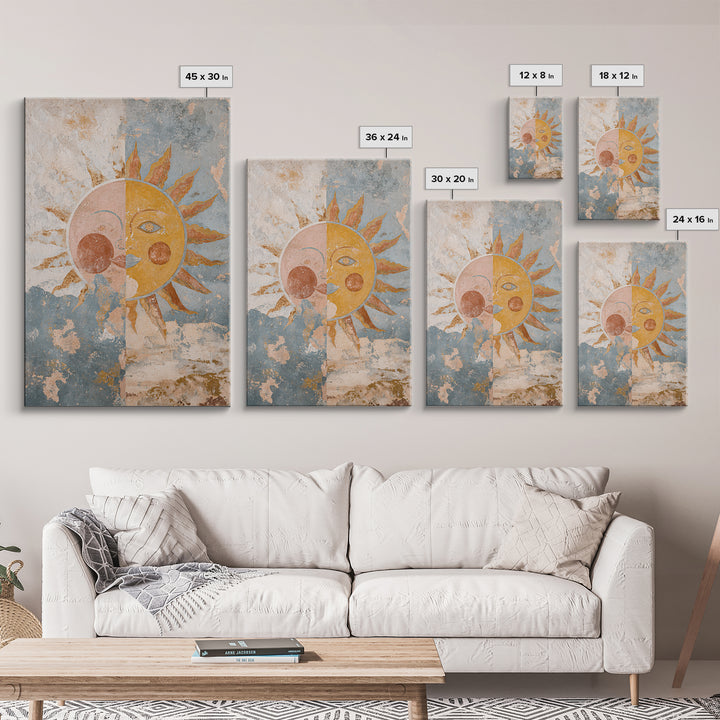 Sun and Moon Celestial Folk Motif Framed Canvas Print, Boho Art, Digital Print, Living Room Decor, Fine Art, Bohemian, BOH-2x3-90