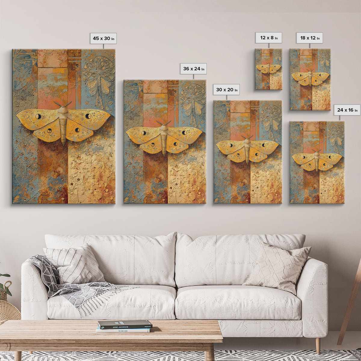 Golden Moth with Moon and Stars Framed Canvas Print, Boho Art, Living Room Wall Art, Living Room Decor, Fine Art, Bohemian, BOH-2x3-97