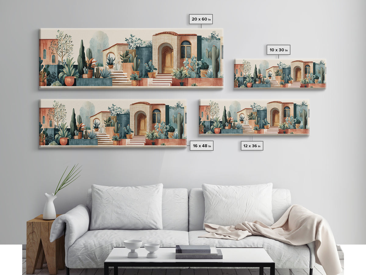 Warm Neutral Cactus Garden Illustration Framed Canvas Print, Boho Art, Digital Wall Art, Living Room Decor, Fine Art, Bohemian, BOH-3x1-10