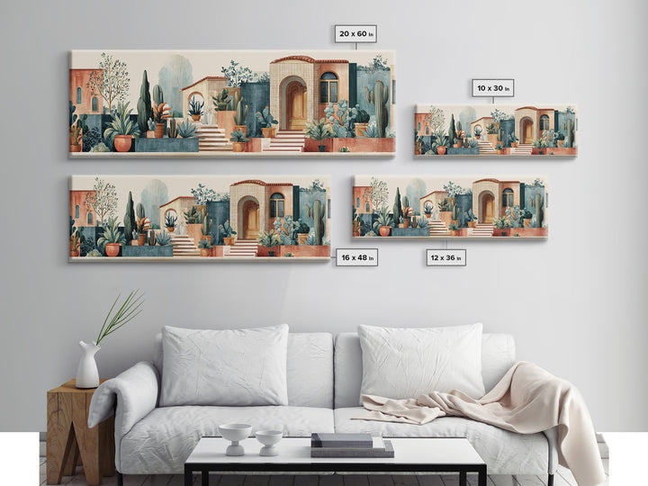 Warm Neutral Cactus Garden Illustration Framed Canvas Print, Boho Art, Digital Wall Art, Living Room Decor, Fine Art, Bohemian, BOH-3x1-10