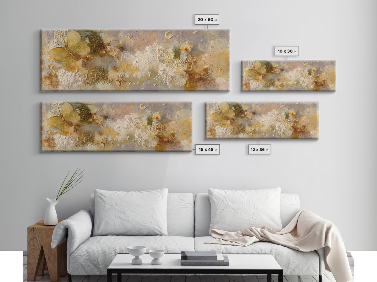 Golden Moth with Moon and Stars Canvas Print, Boho Art, Set of 3 Prints, Living Room Decor, Fine Art, Bohemian, BOH-3x1-33