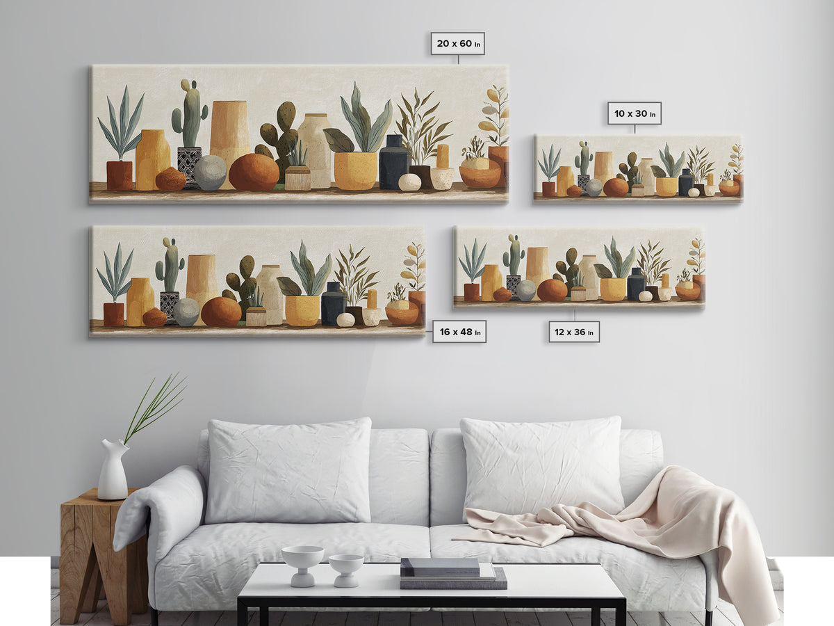 Warm Neutral Cactus Garden Illustration Canvas Print, Boho Art, Abstract Art, Living Room Decor, Bohemian 234, Set of Prints, BOH-3x1-34
