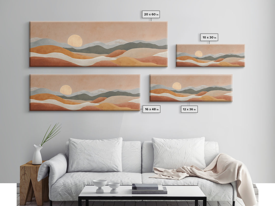 Sunrise over Rolling Dunes in Muted Peach Framed Canvas Print, Boho Art, Wall Art Set, Living Room Decor, Watercolor Art, BOH-3x1-37
