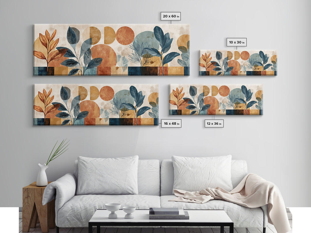 Moon Phases Above Botanical Silhouettes Canvas Print, Boho Art, Wall Art Print, Living Room Decor, Watercolor Art, Bohemian, BOH-3x1-42