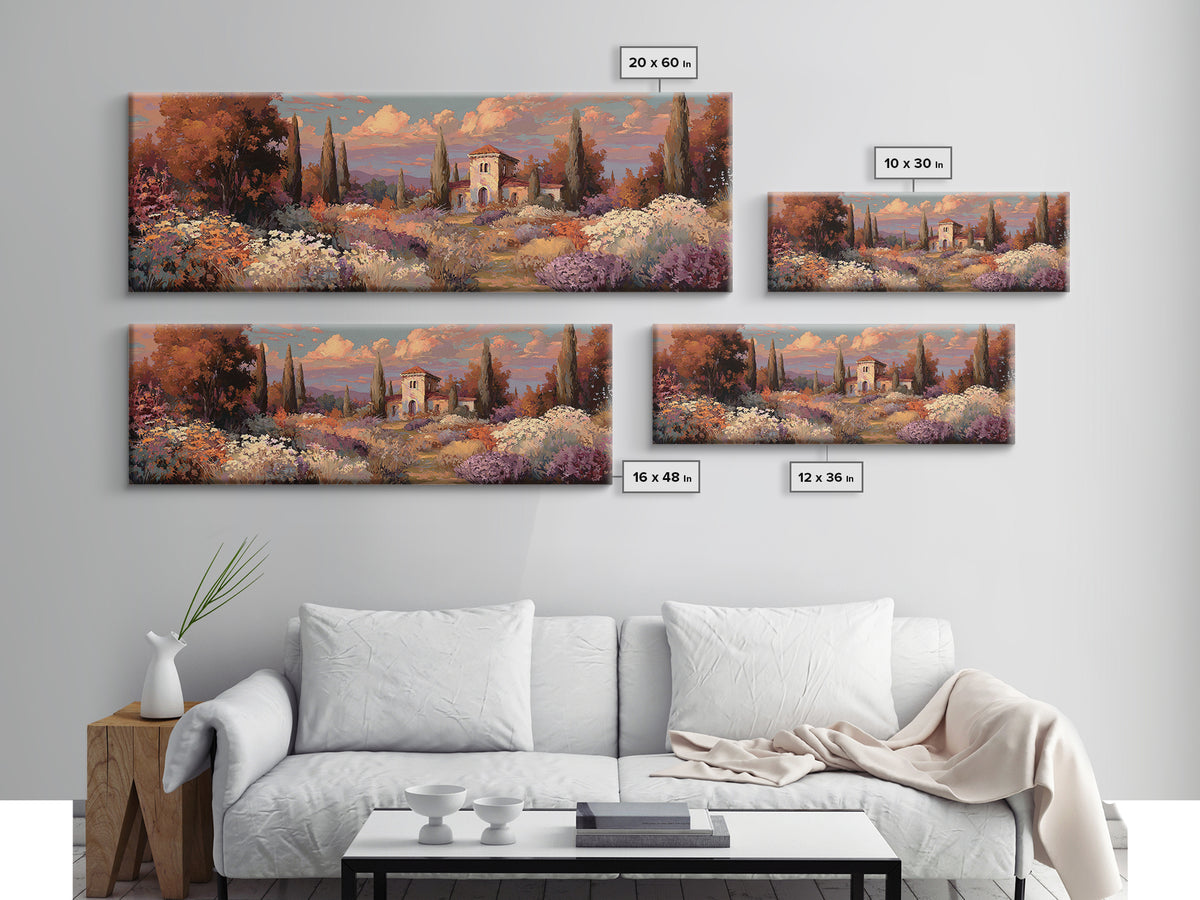 Burnt Orange Floral Field at Sunset Framed Canvas Print, Boho Art, Boho Wall Art, Living Room Decor, Fine Art, Bohemian, BOH-3x1-5