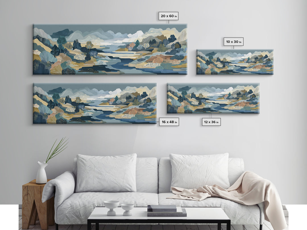Earth Tone Mountain and River Abstraction Framed Canvas Print, Boho Art, Boho, Living Room Decor, Oil Painting, Bohemian, BOH-3x1-51