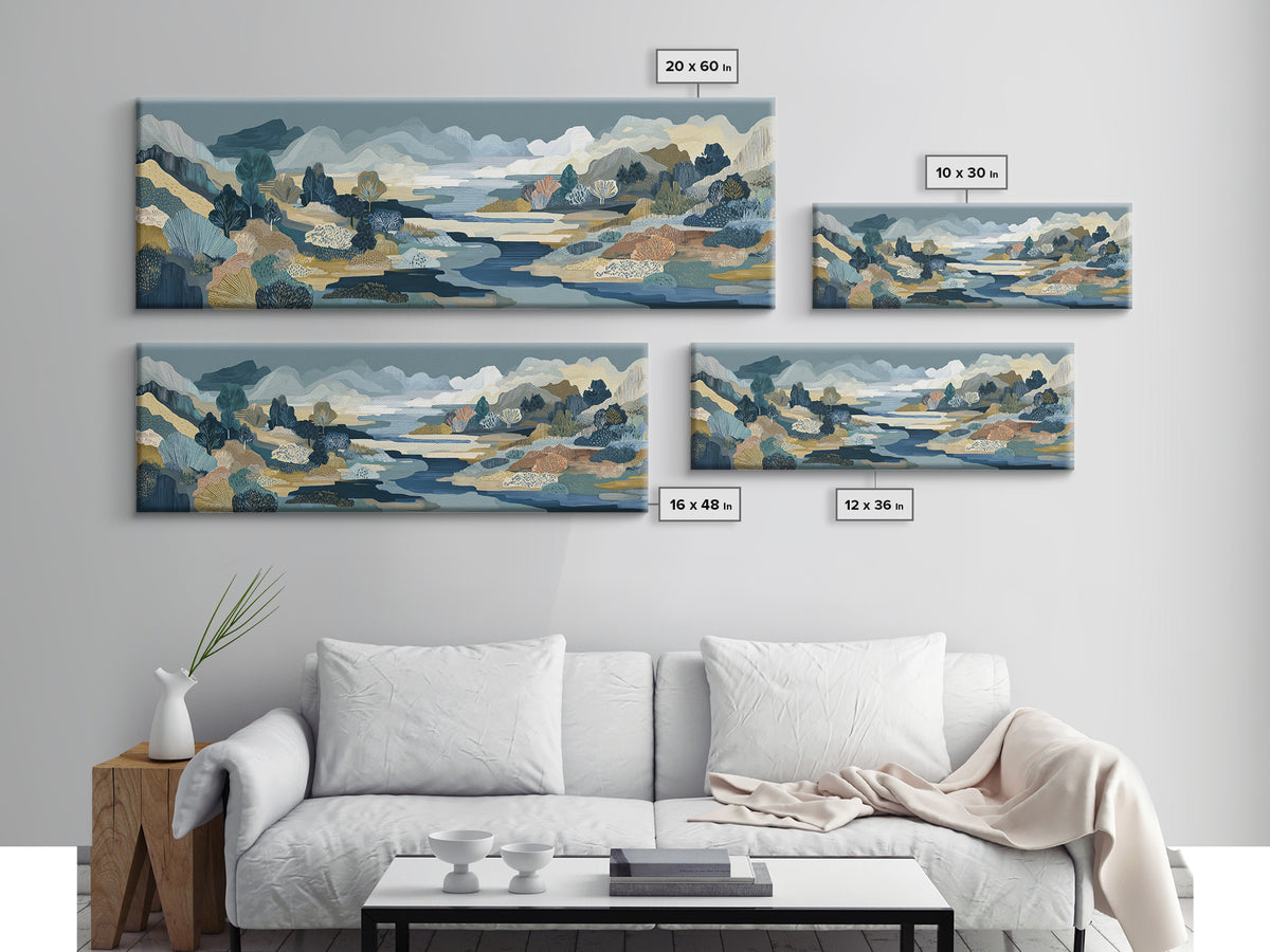 Earth Tone Mountain and River Abstraction Framed Canvas Print, Boho Art, Boho, Living Room Decor, Oil Painting, Bohemian, BOH-3x1-51