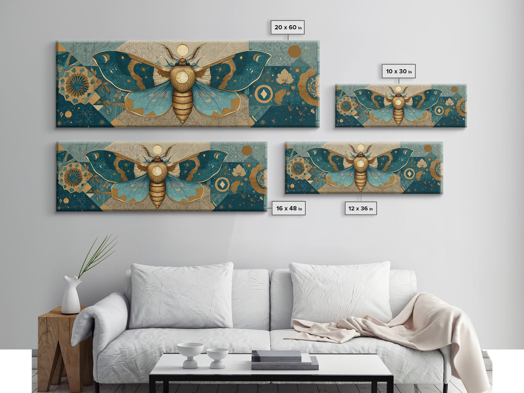 Golden Moth with Moon and Stars Framed Canvas Print, Boho Art, Statement Artwork, Living Room Decor, Fine Art, Bohemian, BOH-3x1-57