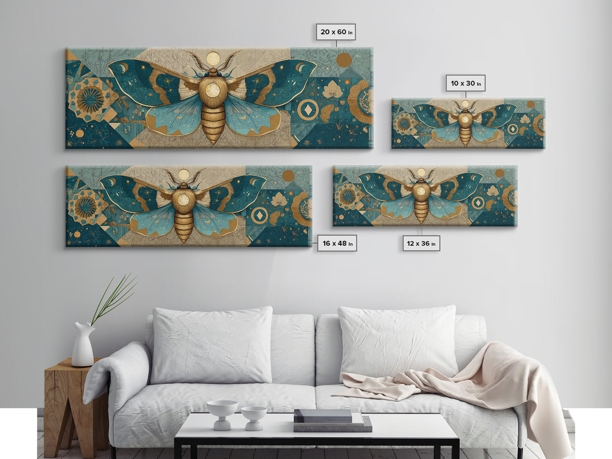 Golden Moth with Moon and Stars Framed Canvas Print, Boho Art, Statement Artwork, Living Room Decor, Fine Art, Bohemian, BOH-3x1-57