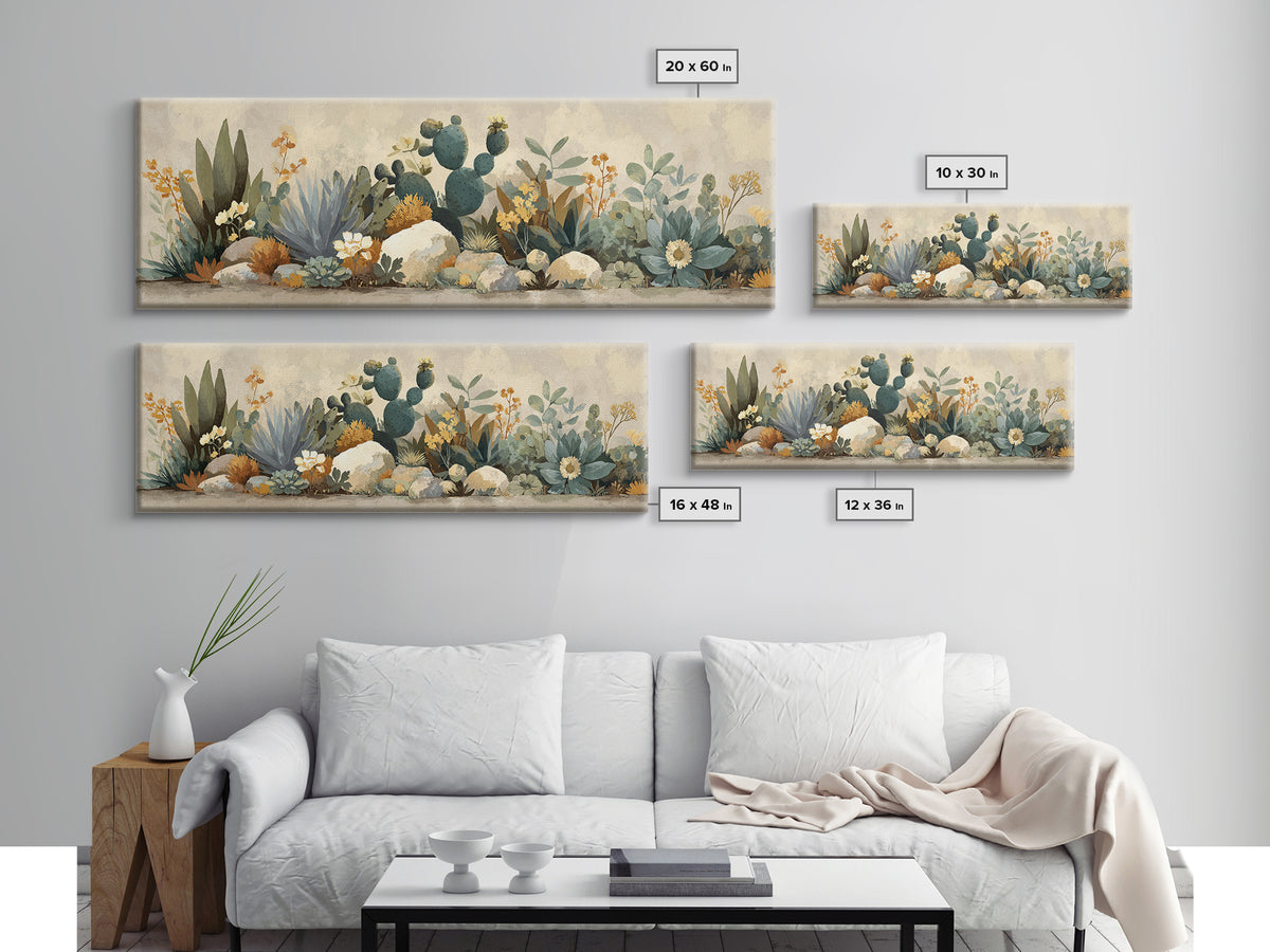 Warm Neutral Cactus Garden Illustration Framed Canvas Print, Boho Art, Boho Wall Art, Living Room Decor, Oil Painting, Bohemian, BOH-3x1-58