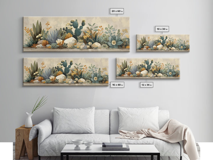 Warm Neutral Cactus Garden Illustration Framed Canvas Print, Boho Art, Boho Wall Art, Living Room Decor, Oil Painting, Bohemian, BOH-3x1-58