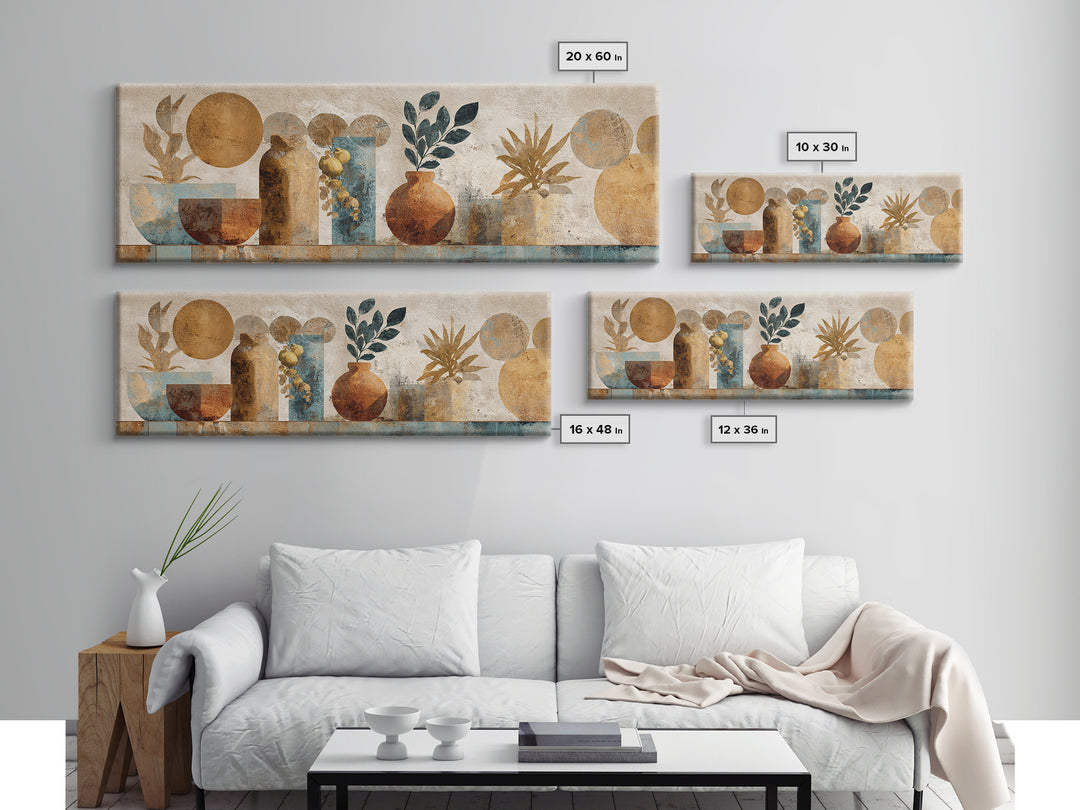 Moon Phases Above Botanical Silhouettes Canvas Print, Boho Art, Wall Art Print, Living Room Decor, Watercolor Art, Bohemian, BOH-3x1-66