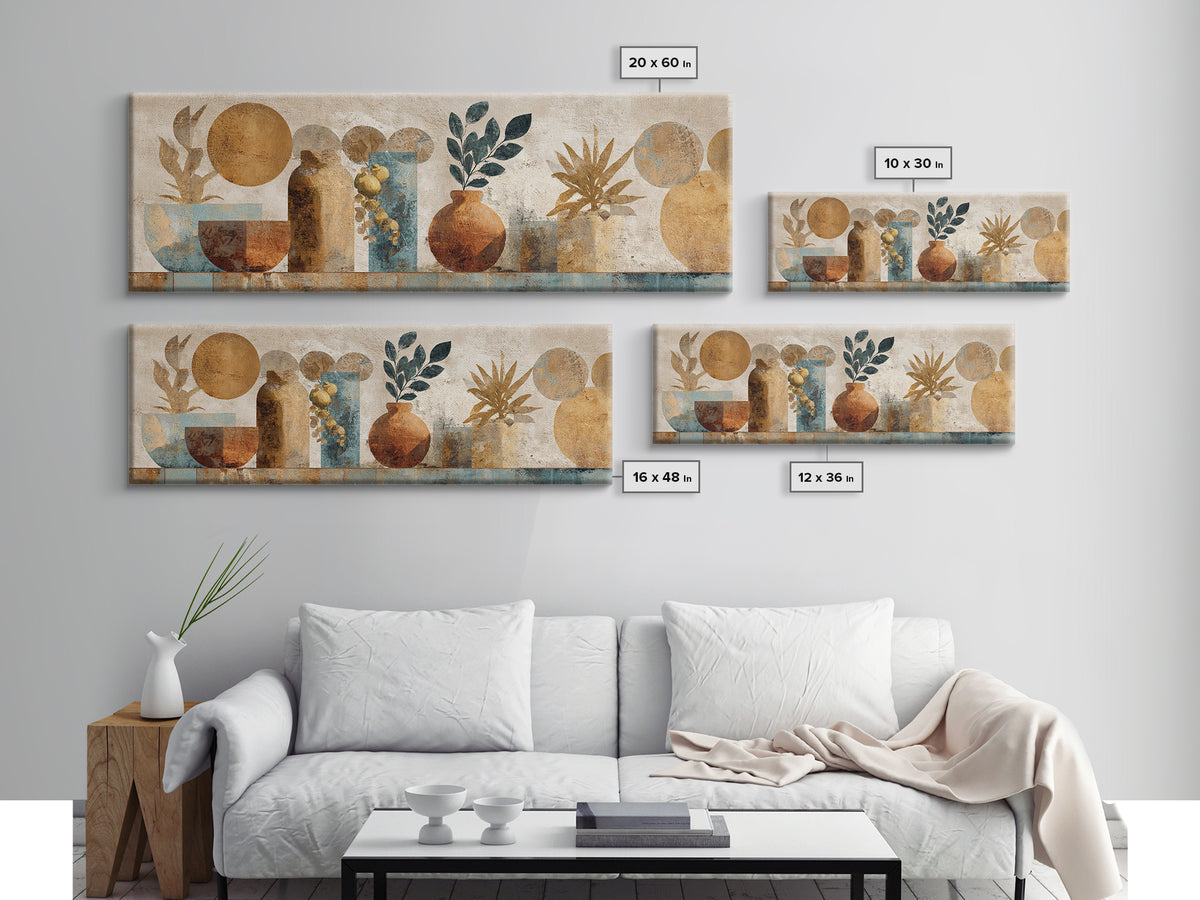 Moon Phases Above Botanical Silhouettes Canvas Print, Boho Art, Wall Art Print, Living Room Decor, Watercolor Art, Bohemian, BOH-3x1-66