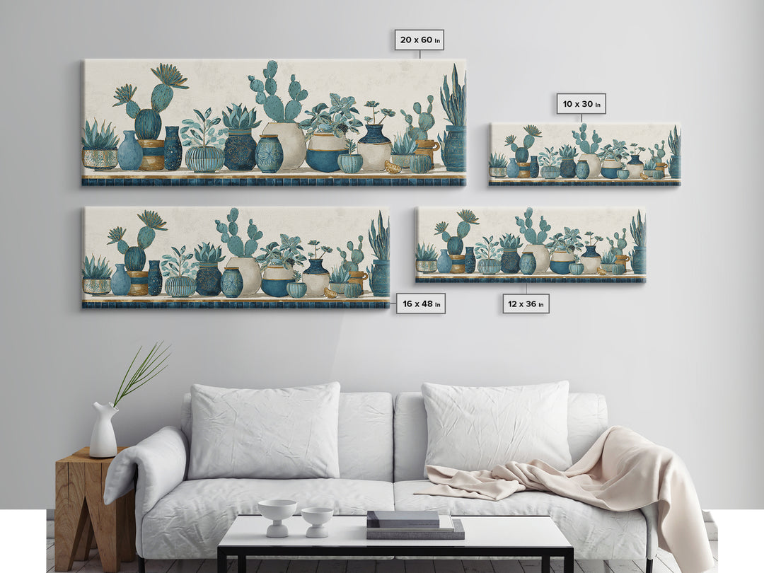 Warm Neutral Cactus Garden Illustration Framed Canvas Print, Boho Art, Boho Wall Art, Living Room Decor, Oil Painting, Bohemian, BOH-3x1-82