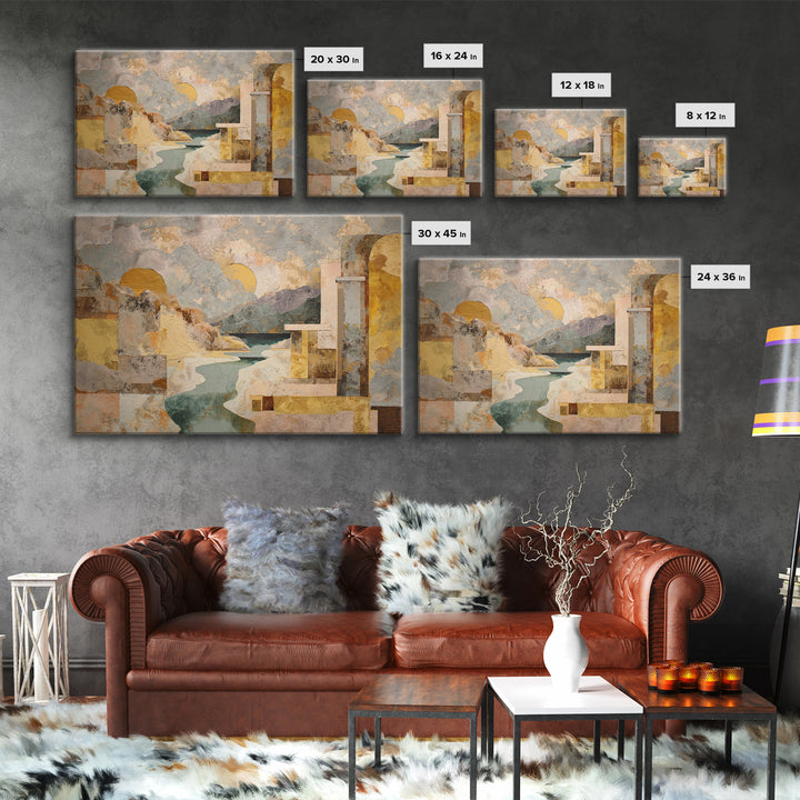 Earth Tone Mountain and River Abstraction Framed Canvas Print, Boho Art, Wall Art Set, Living Room Decor, Fine Art, Bohemian, BOH-3x2-15