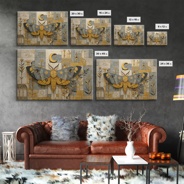 Golden Moth with Moon and Stars Canvas Print, Boho Art, Modern Decor, Living Room Decor, Fine Art, Bohemian, Wall Decor, BOH-3x2-21