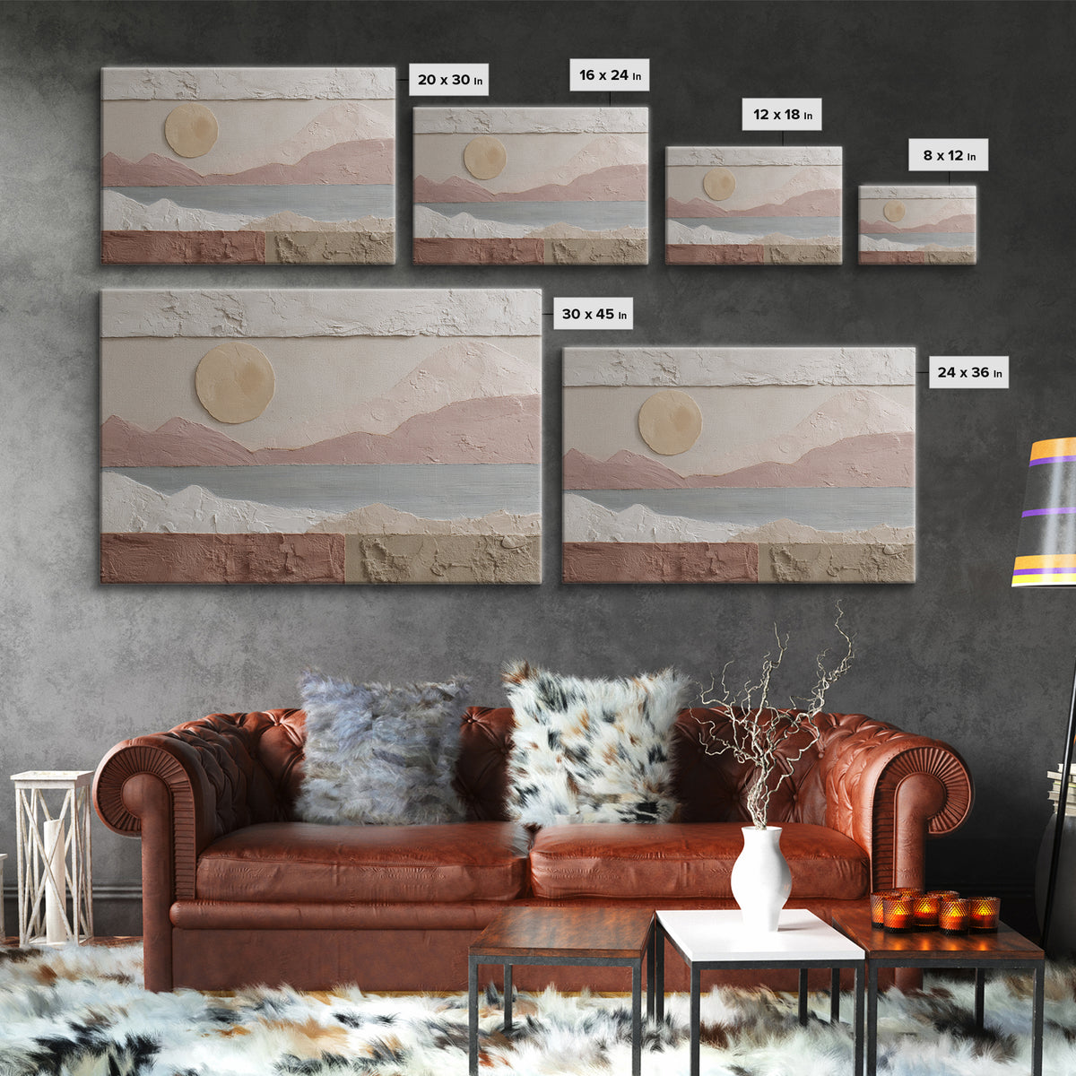 Sunrise over Rolling Dunes in Muted Peach Framed Canvas Print, Boho Art, Fine Art Print, Living Room Decor, Abstract Art, BOH-3x2-25