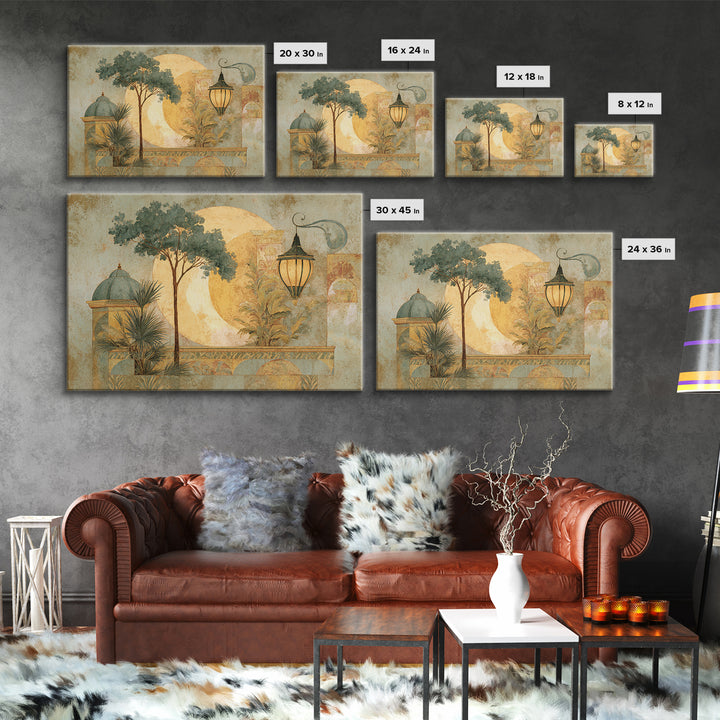 Sage Green Eucalyptus and Crescent Moon Framed Canvas Print, Boho Art, Wall Art, Living Room Decor, Fine Art, Bohemian, BOH-3x2-27