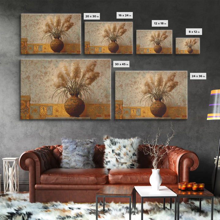 Bohemian Vase with Dried Pampas Grass Canvas Print, Boho Art, Luxury Decor, Living Room Decor, Oil Painting, Bohemian, BOH-3x2-37