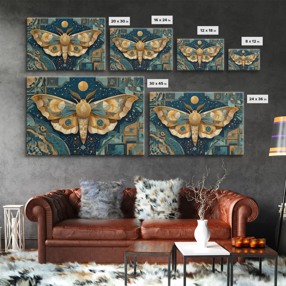 Golden Moth with Moon and Stars Framed Canvas Print, Boho Art, Textured Painting, Living Room Decor, Fine Art, Bohemian, BOH-3x2-45