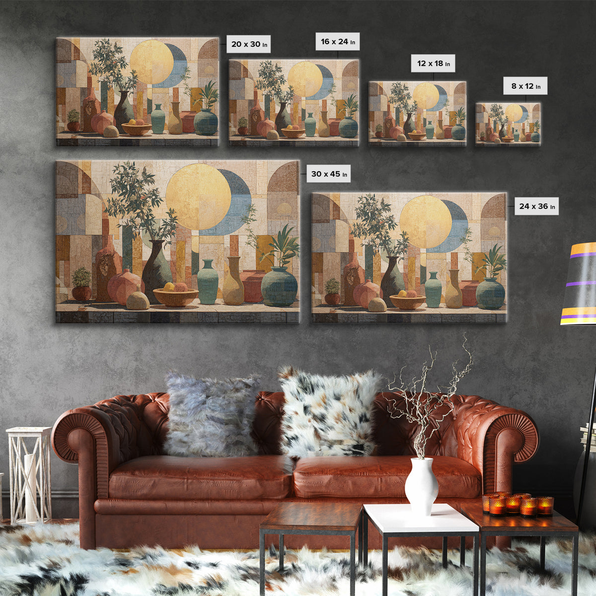 Moon Phases Above Botanical Silhouettes Canvas Print, Boho Art, Wall Print, Living Room Decor, Oil Painting, Bohemian, BOH-3x2-54