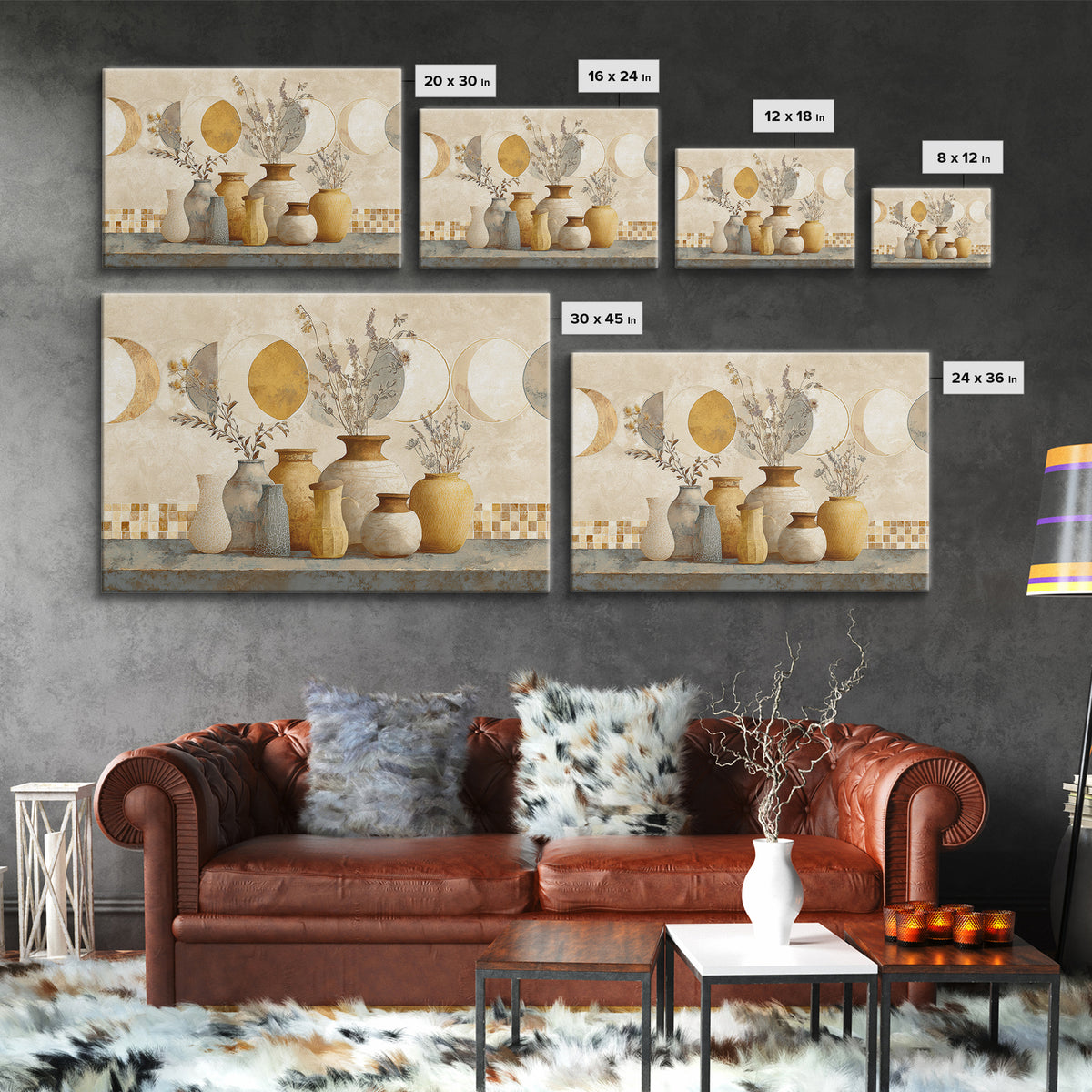 Moon Phases Above Botanical Silhouettes Framed Canvas Print, Boho Art, Boho Wall Art, Living Room Decor, Fine Art, Bohemian, BOH-3x2-6