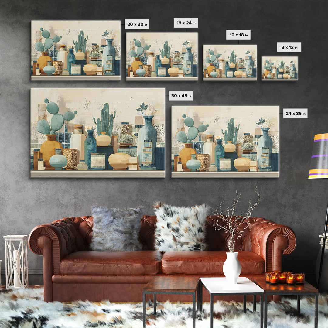 Warm Neutral Cactus Garden Illustration Framed Canvas Print, Boho Art, Boho Decor, Living Room Decor, Fine Art, Bohemian, BOH-3x2-70