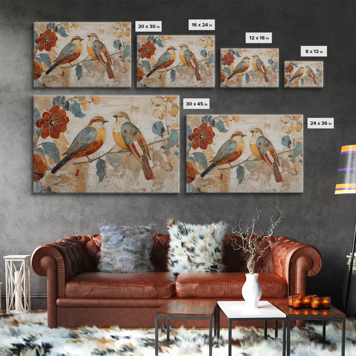 Boho Bird Pair Canvas Print, Boho Art, Mid Century Modern, Living Room Decor, Fine Art, Bohemian, Boho Wall Art, Garden Art, BOH-3x2-72