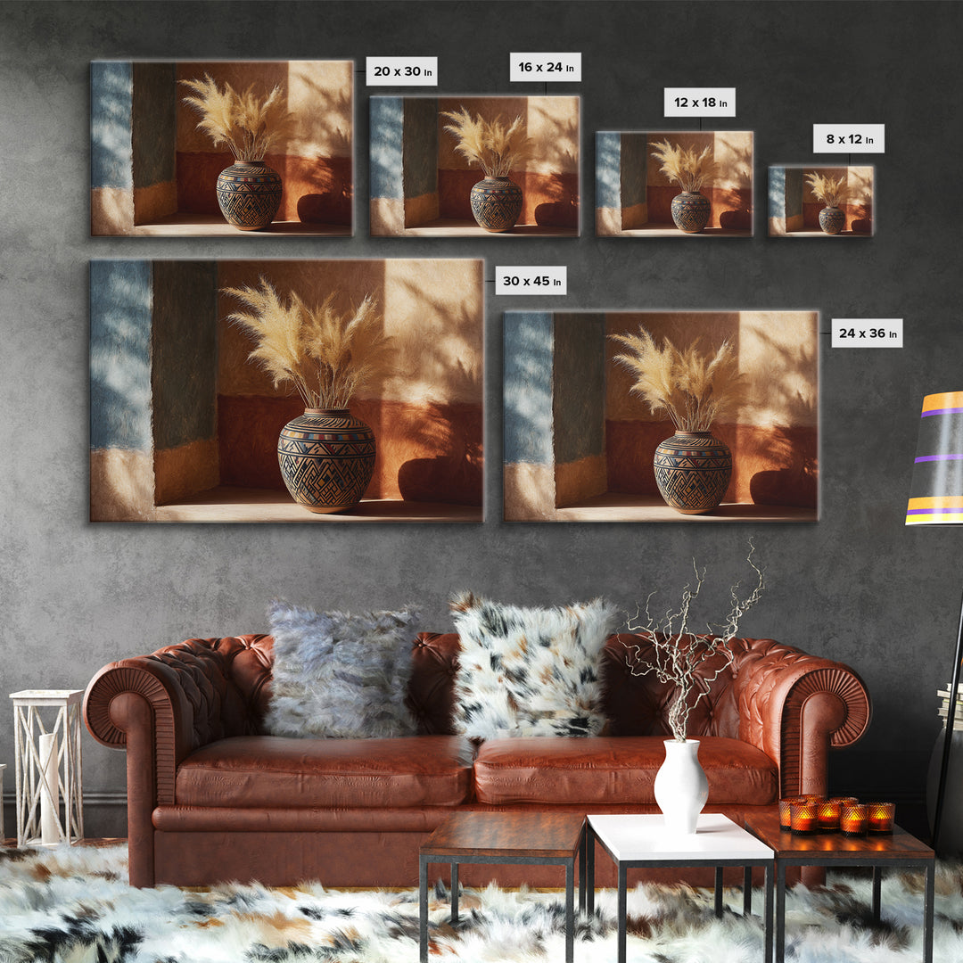 Bohemian Vase with Dried Pampas Grass Framed Canvas Print, Boho Art, Wall Art, Living Room Decor, Fine Art, Bohemian, BOH-3x2-85