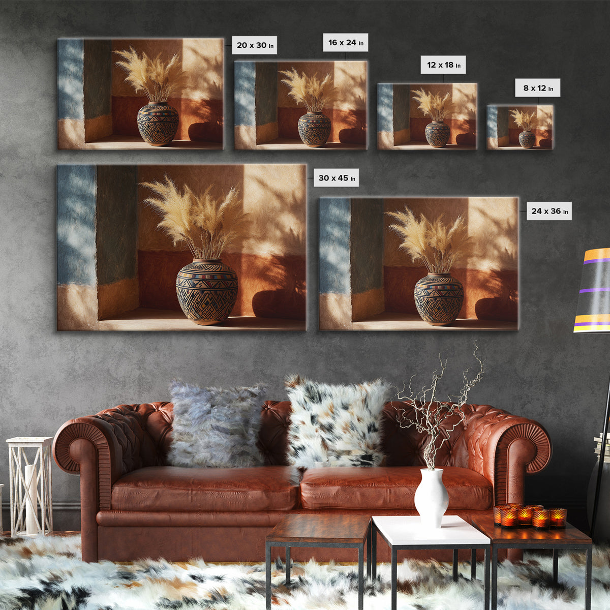 Bohemian Vase with Dried Pampas Grass Framed Canvas Print, Boho Art, Wall Art, Living Room Decor, Fine Art, Bohemian, BOH-3x2-85