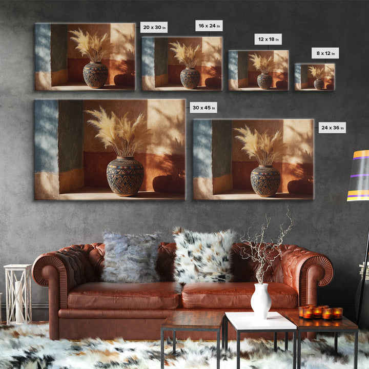 Bohemian Vase with Dried Pampas Grass Framed Canvas Print, Boho Art, Wall Art, Living Room Decor, Fine Art, Bohemian, BOH-3x2-85