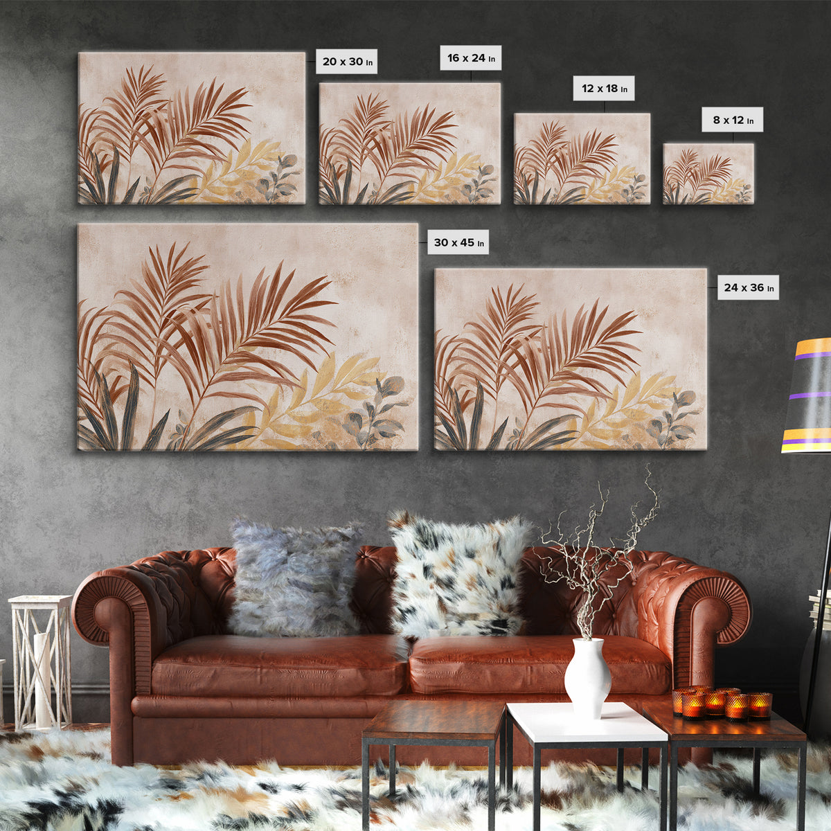 Terracotta Palm Leaves Framed Canvas Print, Boho Art, Wall Art Set, Living Room Decor, Fine Art, Bohemian, Home Decor, BOH-3x2-9
