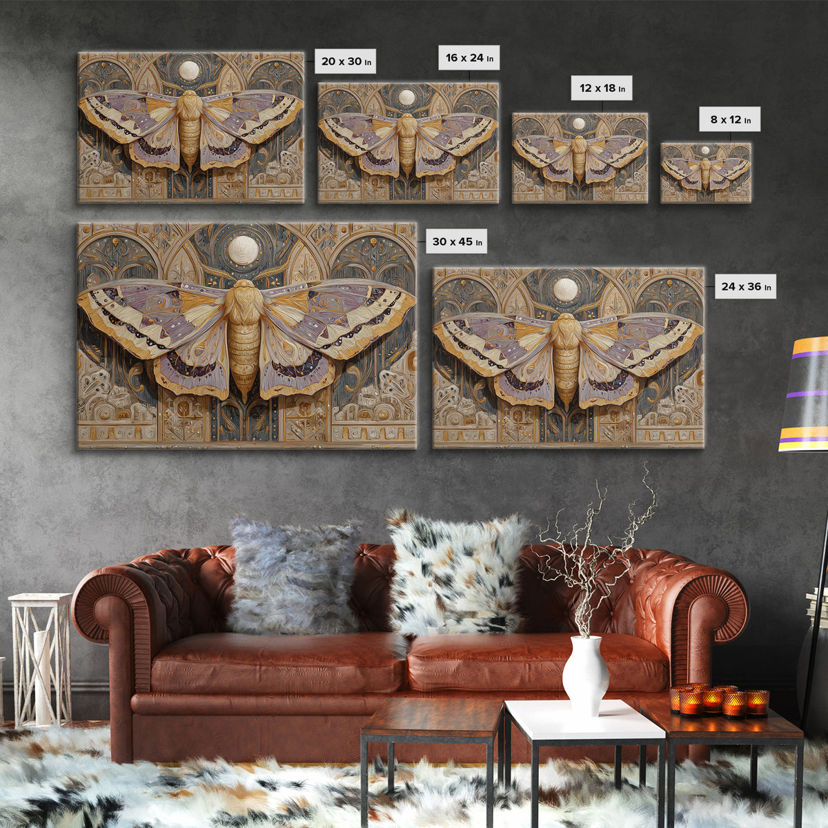 Golden Moth with Moon and Stars Canvas Print, Boho Art, Art, Living Room Decor, Fine Art, Bohemian, Wallart, Art Nouveau, BOH-3x2-93