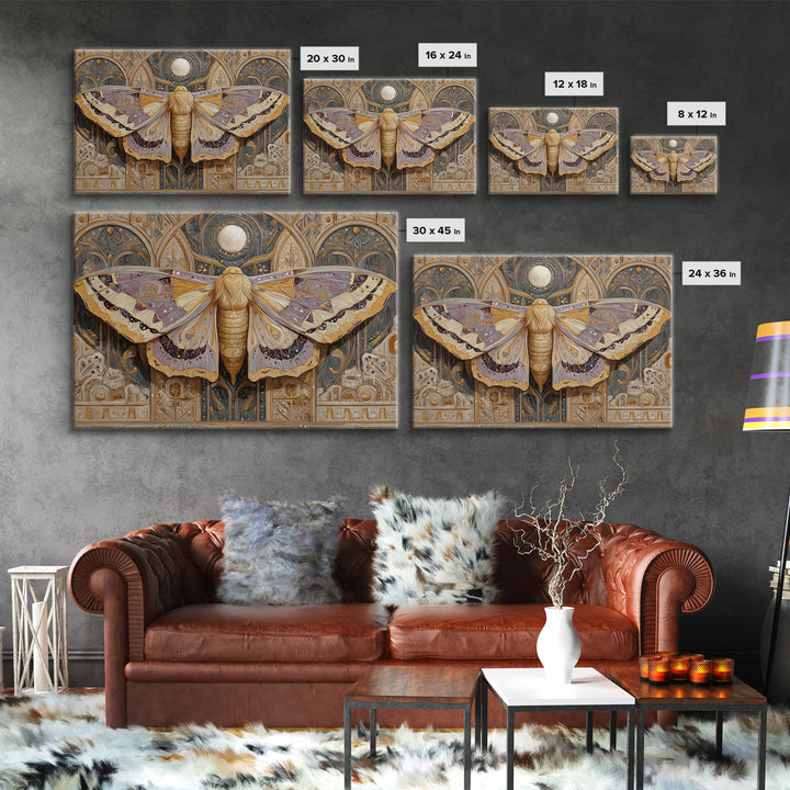 Golden Moth with Moon and Stars Canvas Print, Boho Art, Art, Living Room Decor, Fine Art, Bohemian, Wallart, Art Nouveau, BOH-3x2-93