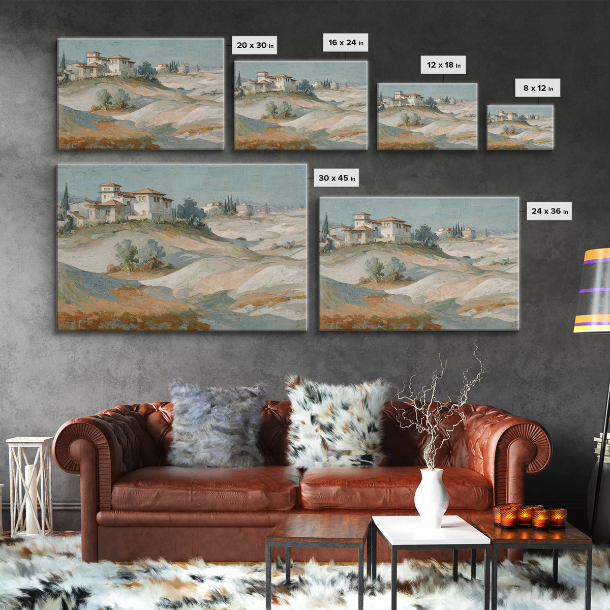 Sunrise over Rolling Dunes in Muted Peach Framed Canvas Print, Boho Art, Living Room Decor, Watercolor Art, Bohemian, BOH-3x2-97