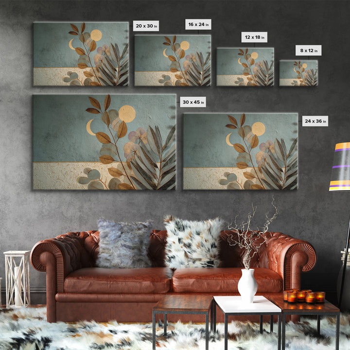 Sage Green Eucalyptus and Crescent Moon Framed Canvas Print, Boho Art, Garden Art, Living Room Decor, Fine Art, Bohemian, BOH-3x2-99