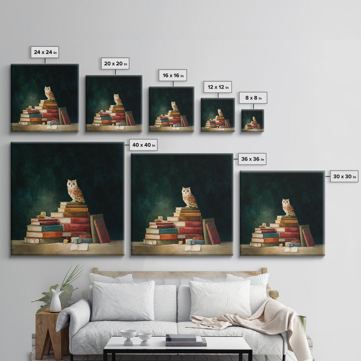 Owl Perched on a Stack of Classics Framed Canvas Print, Bookstore Art, Fine Art Print, Bookstore Decor, Abstract Art, Literary, BOO-1x1-57
