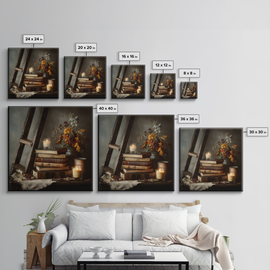 Old Library Ladder and Books Framed Canvas Print, Bookstore Art, Gallery Decor, Bookstore Decor, Fine Art, Literary, BOO-1x1-78