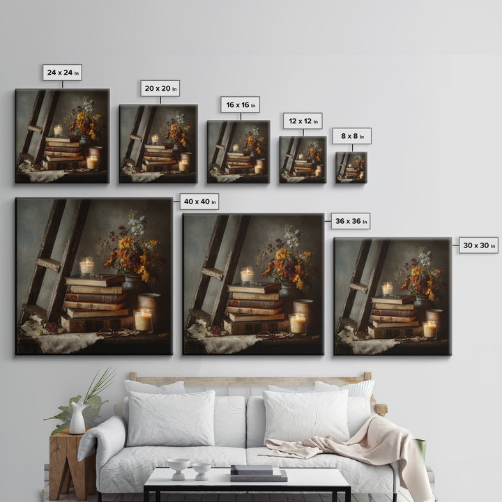 Old Library Ladder and Books Framed Canvas Print, Bookstore Art, Gallery Decor, Bookstore Decor, Fine Art, Literary, BOO-1x1-78
