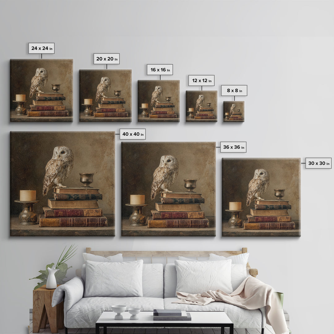 Owl Perched on a Stack of Classics Canvas Print, Bookstore Art, Textured Painting, Bookstore Decor, Fine Art, Literary, BOO-1x1-81