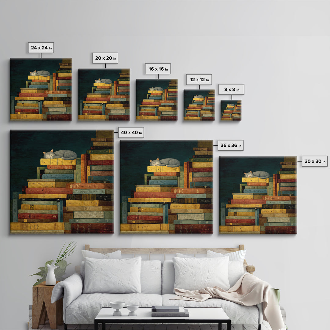 Cat Sleeping on a Pile of Novels Canvas Print, Bookstore Art, Statement Artwork, Bookstore Decor, Fine Art, Literary, BOO-1x1-98