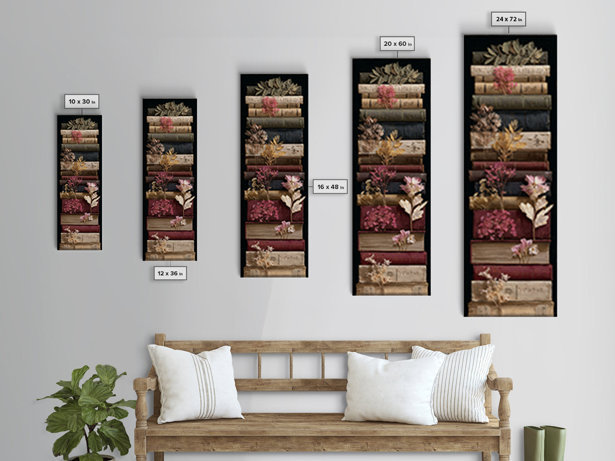 Pressed Flowers Between Book Pages Framed Canvas Print, Bookstore Art, Office Art, Bookstore Decor, Oil Painting, Literary, BOO-1x3-79