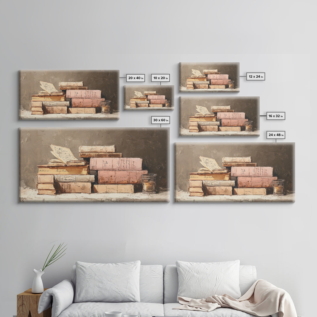 Warm Sepia Book Pile Framed Canvas Print, Bookstore Art, Book Art, Bookstore Decor, Oil Painting, Literary, Feminine Wall Art, BOO-2x1-92