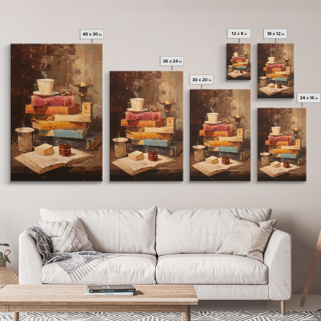 Rainy Day Reading Still Life Framed Canvas Print, Bookstore Art, Pink Wall Art, Bookstore Decor, Oil Painting, Literary, BOO-2x3-53
