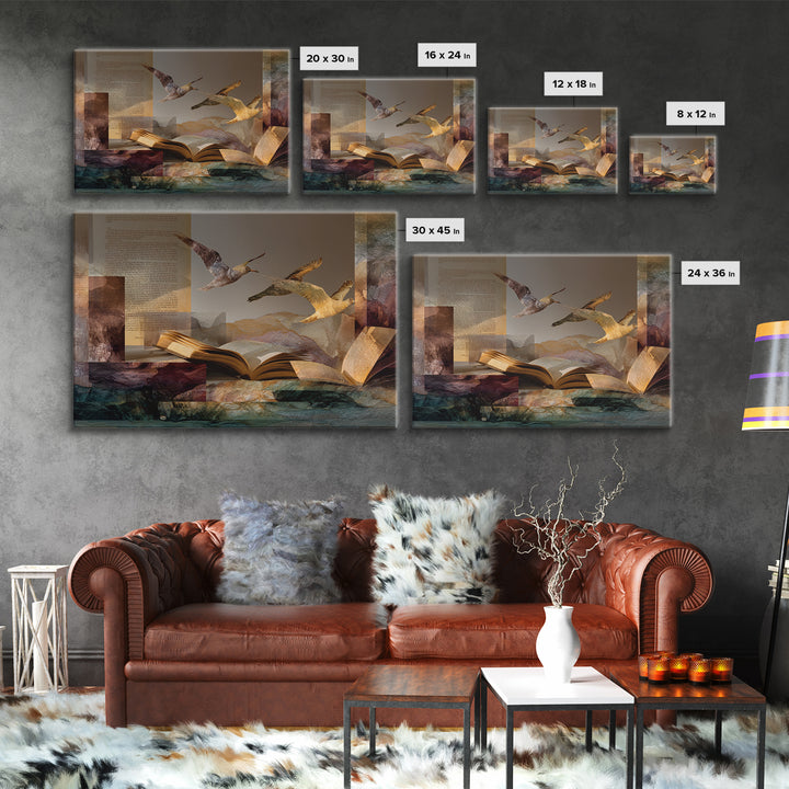 Flying Pages Transforming into Birds Canvas Print, Bookstore Art, Office Art, Bookstore Decor, Literary, Pastel Wall Art, BOO-3x2-17