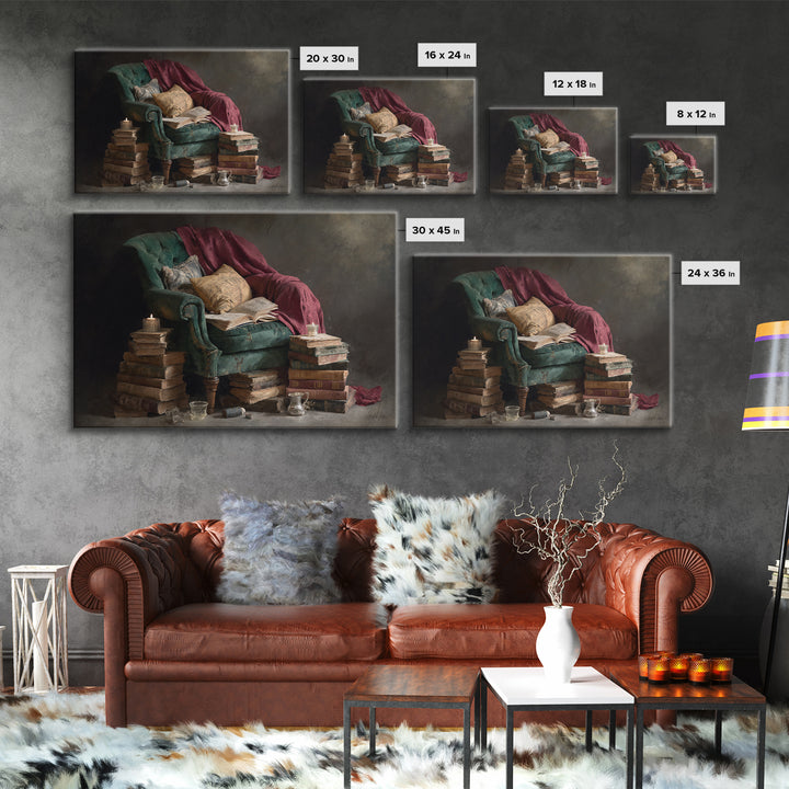 Cozy Reading Chair Still Life Without Room Canvas Print, Bookstore Art, Bookish Wall Art, Bookstore Decor, Fine Art, Literary, BOO-3x2-33