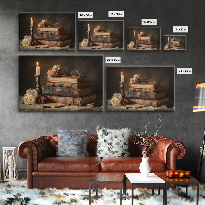 Dark Academia Candle and Book Still Life Canvas Print, Bookstore Art, Vertical Wall Art, Bookstore Decor, Fine Art, Literary, BOO-3x2-62
