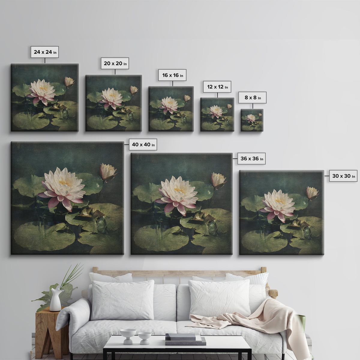 Lotus Flower and Lily Pads on Still Canvas Print, Botanical Art, Framed Wall Art, Living Room Decor, Fine Art, Botanic, BOT-1x1-19