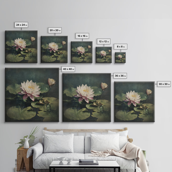 Lotus Flower and Lily Pads on Still Canvas Print, Botanical Art, Framed Wall Art, Living Room Decor, Fine Art, Botanic, BOT-1x1-19
